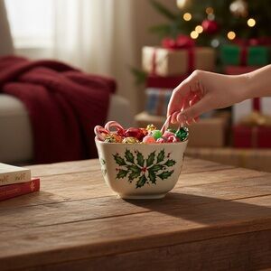 Lenox Holiday Archive Square Nut Bowl 4.25” Holly Berries Red/Green/Gold EUC